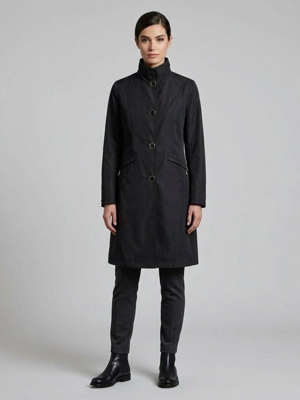 Simon Chang Sz 10 Women Black Funnel Neck Lightweight Trench Coat Striped Satin